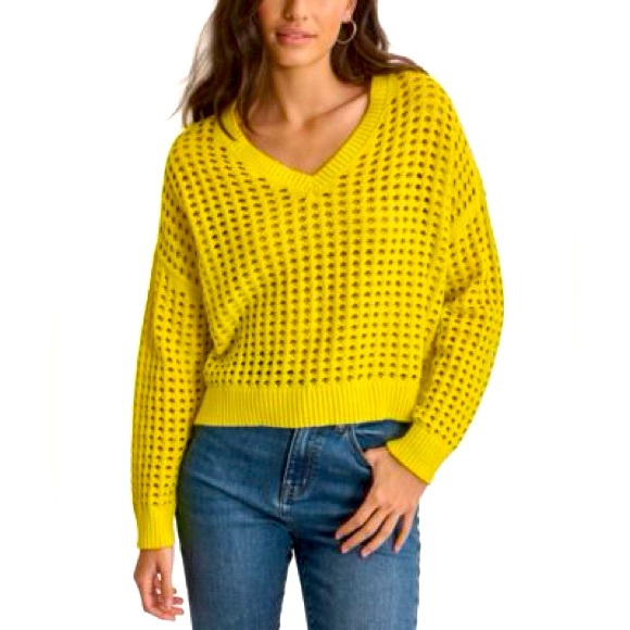 NWT DKNY Bright Yellow V-Neck Open Stitch Sweater Size M - Picture 1 of 9